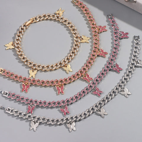 Rhinestone Butterfly Cuban Anklet