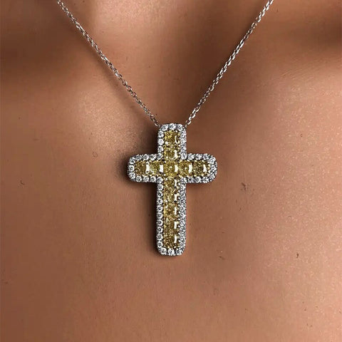 Yellow Crystal Cross Pendant Necklace