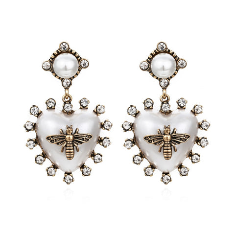 Heart Shaped Pearl Bee Earrings