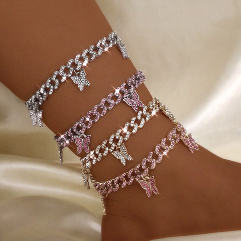 Rhinestone Butterfly Cuban Anklet