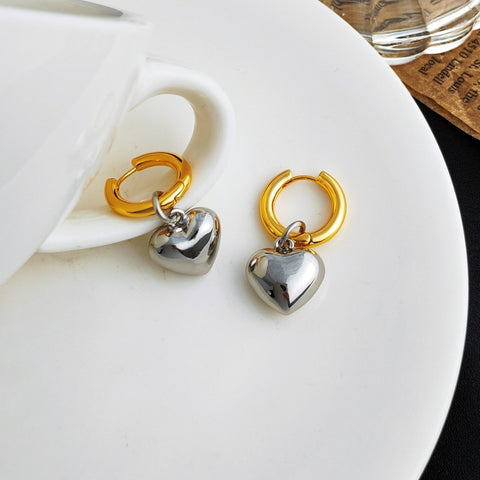 Silver Heart Gold Hoop Earrings