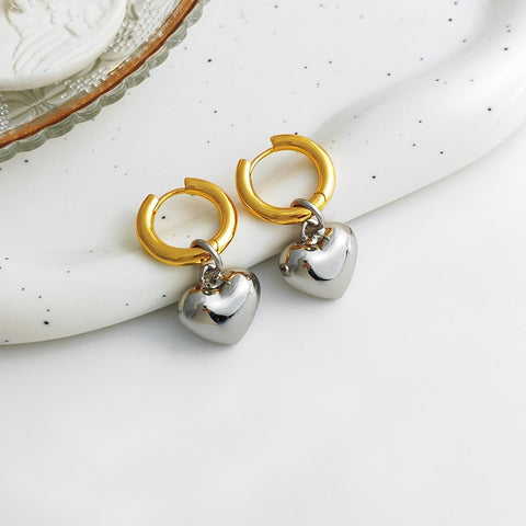 Silver Heart Gold Hoop Earrings